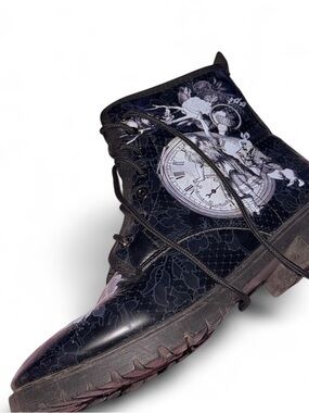 Black Women's Lace-Up Ankle Boot with Clock Graphic